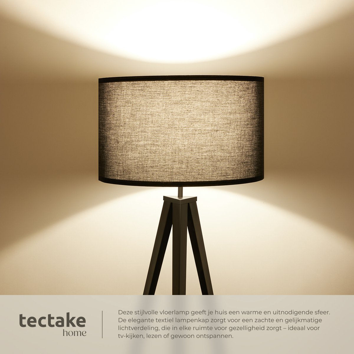 tectake® Stehleuchte - Stehleuchte 3-Fuß - 158 cm hoch - Schirm in Leinenoptik - Fußschalter - Schwarz