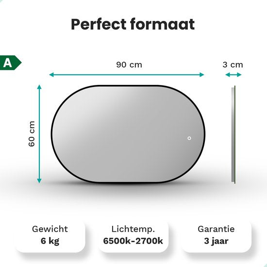 Mirlux Badezimmerspiegel - mit LED-Beleuchtung & Heizung - Wandspiegel Oval - Anti-Kondensations-Duschspiegel - 90x60CM - Schwarz