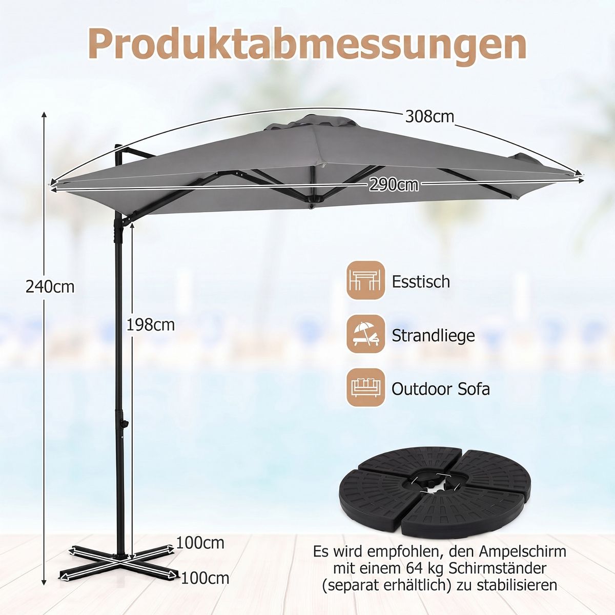 Coast Schwedischer Sonnenschirm – um 360° drehbar – doppeltes Dach – grau/beige – 290 cm