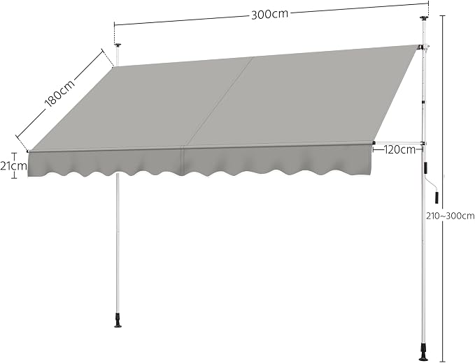 Yaheetech Ausziehbare Markise 300 cm – Hellgrau – Verstellbare Markise ohne Bohren für Balkon und Terrasse