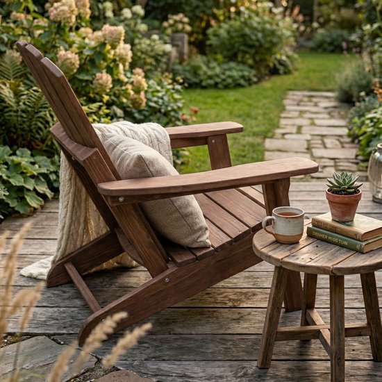 AXI Rosalie Adirondack Stuhl Coffee – Loungesessel aus Holz mit Armlehnen – Zusammenklappbar – Hohe Rückenlehne – Gartenstuhl – 75,5 x 86,5 x 85 cm – 100 % FSC-zertifiziertes Hemlock-Holz