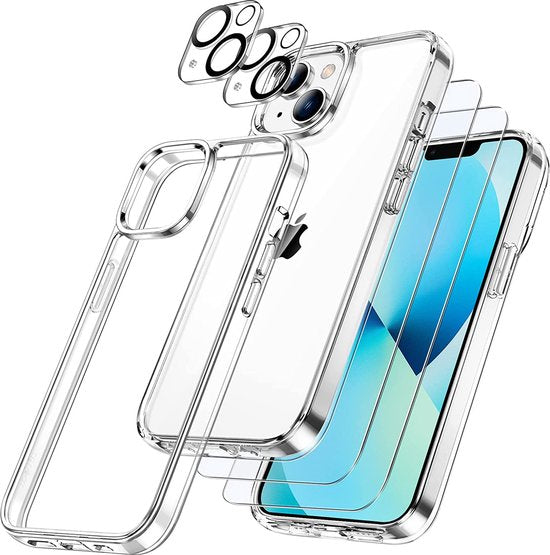 Podec iPhone 13 mini Case Transparent - Bundle mit 2x Displayschutzfolie + 2x Kameraschutzfolie - Handyhülle mit Schutzglas - Case Transparent