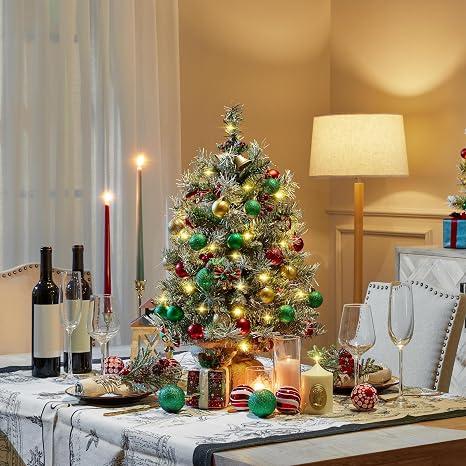 Yaheetech Mini-Kunstweihnachtsbäume 61 cm – 2er-Set – Schnee – LED-Beleuchtung