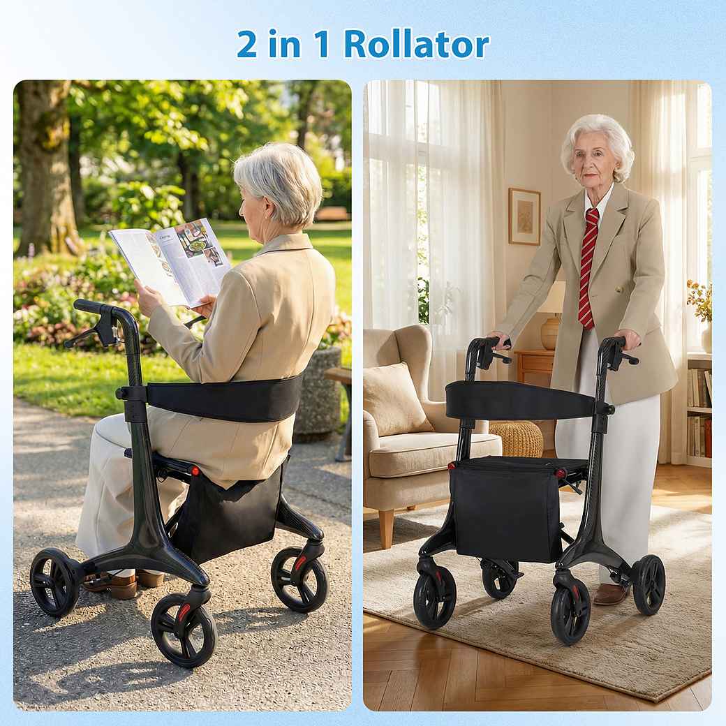 Coast Faltbarer Rollator Schwarz - Ultraleichte Carbon Gehhilfe mit Sitz - 78 x 62 x 86-99 cm