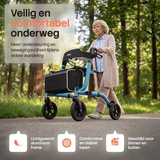 Brixy Rollator – Leicht & zusammenklappbar – 360°-Gummiräder – Sitzfunktion – Für drinnen und draußen – Rückenlehne, Tasche & Gehstockhalter – Blau