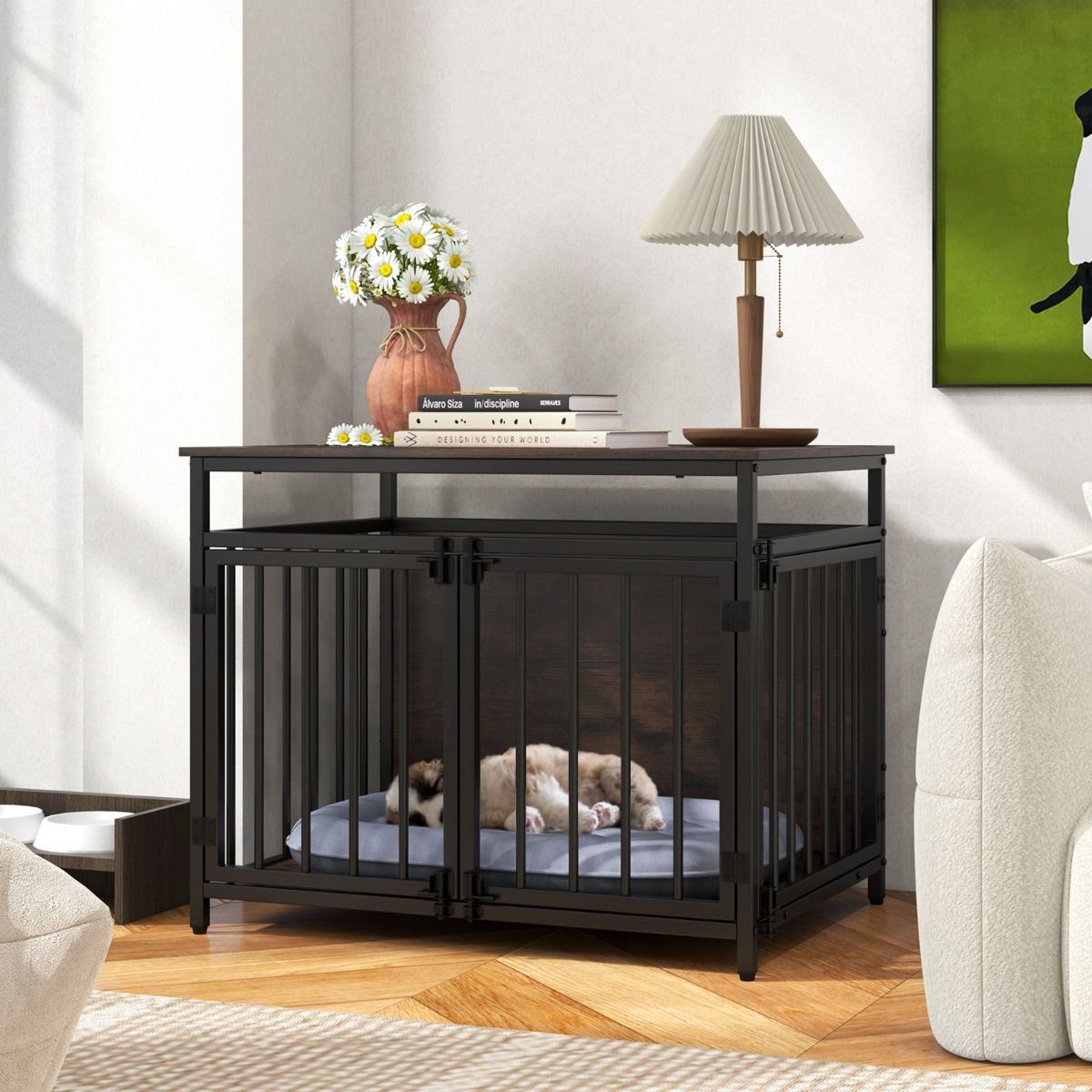 Coast Hundebox-Möbel – 3 Türen – Beistelltischfunktion – rustikales Braun und Schwarz – 80 x 60 x 64 cm