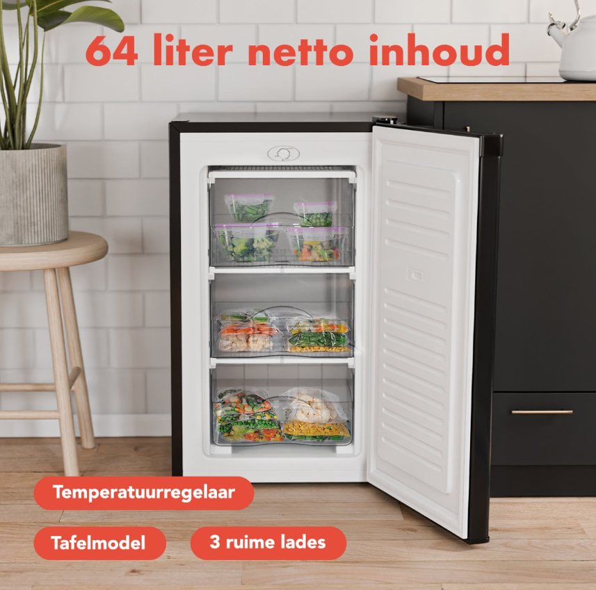 KitchenBrothers Gefrierschrank - 64L - Kompakte Tischplatte - 3 Gefrierschubladen - Gefrierschrank - Freistehend - Schwarz