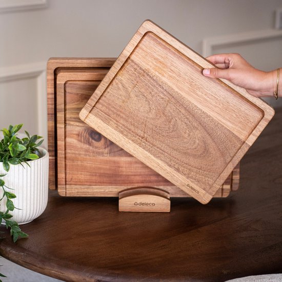 Deleca 3x Schneidebrett Set Culina - Dicke 3 cm - Schneidebretter (33x25 / 38x28 / 43x30 cm) - Mit Halter - Für Küche, Servierbrett, Käsebrett, Getränkebrett, Schneidebrett und Tapasbrett - Akazienholz