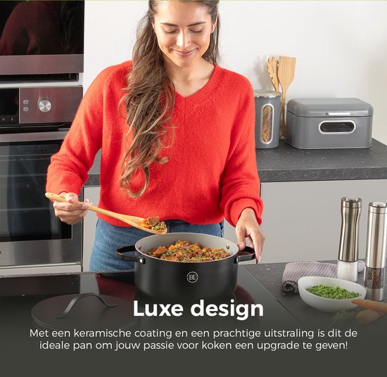 BE Living Essential Kasserolle mit Deckel - Ø 24 cm - Kochtopf - Keramik - PFAS-frei - Induktion - Schwarz