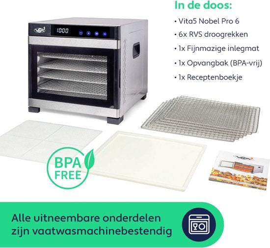 Vita5 Nobel PRO 6 Food dehydrator - Dörrgerät - Edelstahl - 24-Stunden-Timer - LED-Kontrollfeld - Dehydrator - 6 Schichten