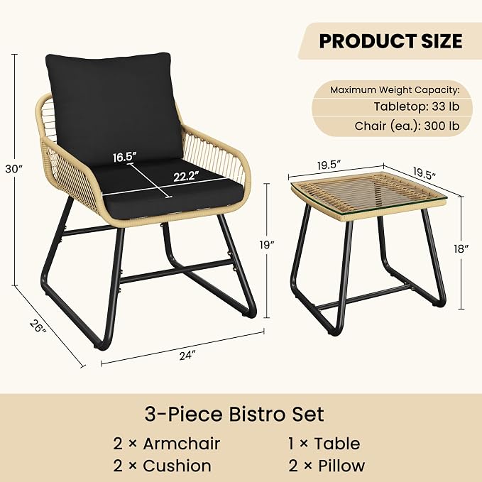Yaheetech 3-teiliges Bistro-Set für den Garten – Beige/Schwarz – Rattan-Gartenset mit Glastisch und 2 Stühlen