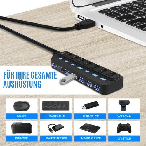 Strex - Mehrfachstecker - 7 Anschlüsse - USB 3.0 Hub - 10m - Schwarz