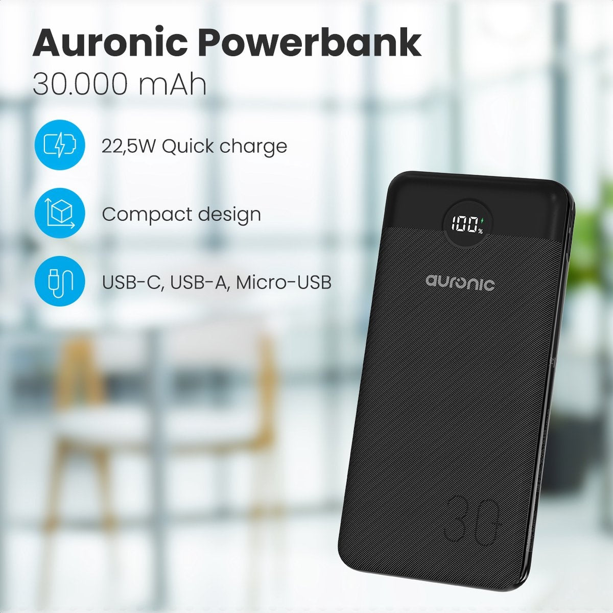 Auronic Powerbank - 30.000 mAh - 4 Ladeanschlüsse - Schnellladefunktion - USB/Micro-USB/USB-C - Schwarz