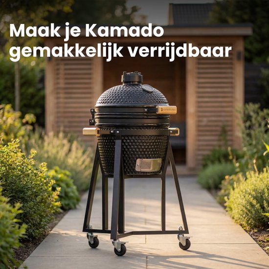 KitchenBrothers Kamado BBQ Sockel - Für 41⌀ cm - Geeignet für 16-Zoll KitchenBrothers Kamado - 102 cm Höhe - Mit Rädern und Bremse - Schwarz