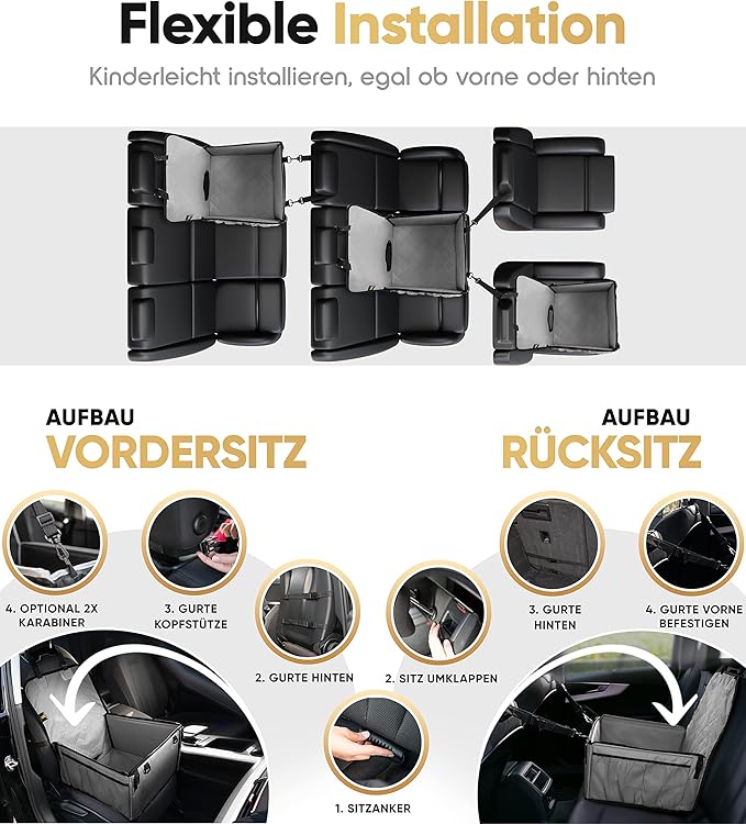 HELDENWERK Hundeautositz, extra stabil, verstärkte Wände, 5 Gurte, wasserdichter Hundeautositz für Rück- und Vordersitz, grau, Standardgröße
