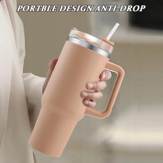 Markenloser Thermobecher 1200 ml aus Edelstahl mit Strohhalm und Henkel – Nude