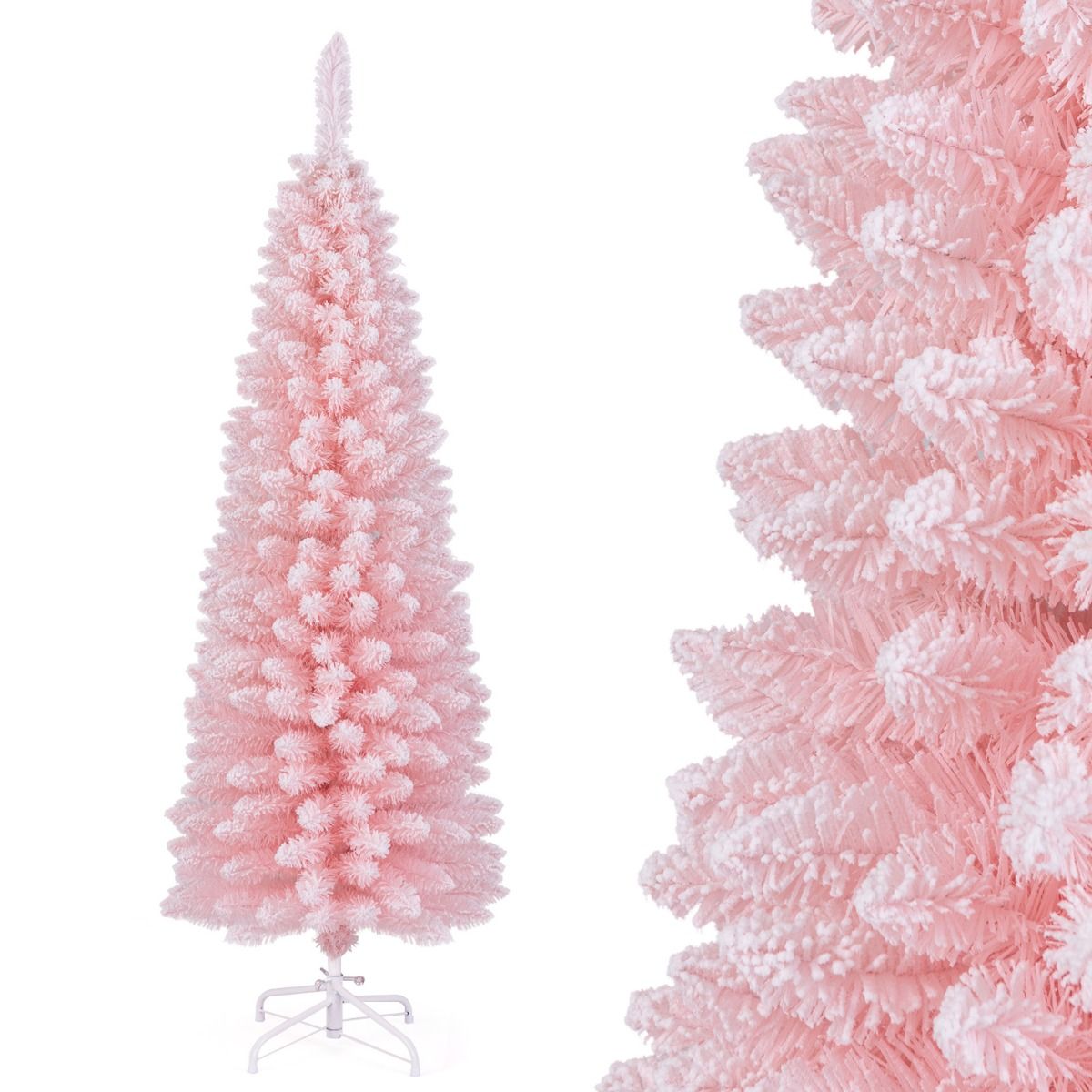 Künstlicher Weihnachtsbaum Coast - 150 cm - Rosa - verschneit - schlankes Design - 328 Zweigspitzen - Metallständer