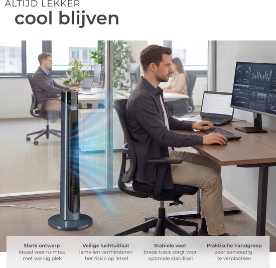tectake® Turmventilator Arktis – Großer Standventilator mit Fernbedienung – 3 Stufen – Timer – 90°-Schwenkfunktion – Oszillierend – Lüfterflügel – Säulenventilator – Anthrazit