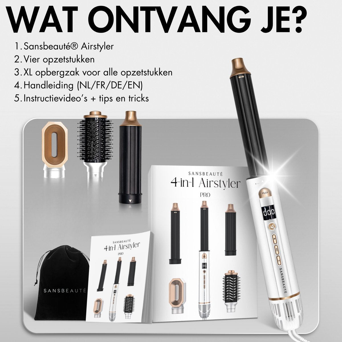 Sansbeauté 4-in-1 Airstyler - Multistyler - Föhnbürste - Lockenbürste - Stylingbürste - 1400W - Ionen-Technologie - Weiß/Gold