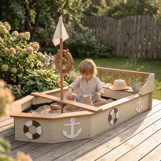 AXI Doris Boot-Sandkasten mit Aufbewahrungsbank, beige – mit Flagge und Holzsteuerrad – inklusive Abdeckplane und Bodenplane – 10 Jahre Garantie!
