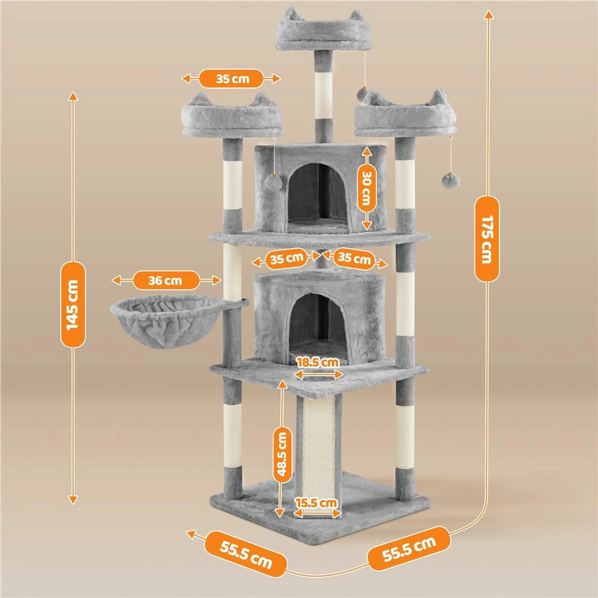 Yaheetech Katzenpfosten XXL mit 3 Aussichtsplattformen - Ausgestattet mit 2 Katzenhöhlen und Kratzbrett und Anti-Kipp-System - Für Haushalte mit mehreren Katzen - Hellgrauer Plüsch und Sisal - 55,5 x 55,5 x 175 cm