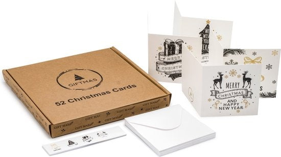 Giftmas Weihnachtskarten - Grußkarten - 52 Stück - Mit Umschlägen und Aufklebern - 10x10cm