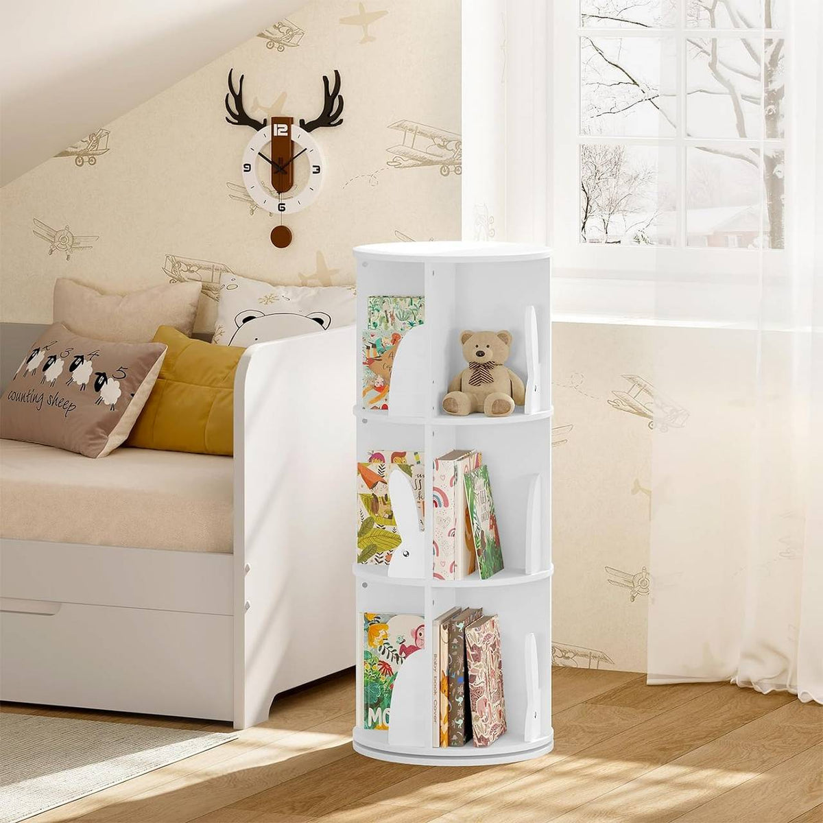 Woltu Kinderbücherschrank – drehbar – 3 Ebenen – 40 x 97 cm – 30 kg – Weiß