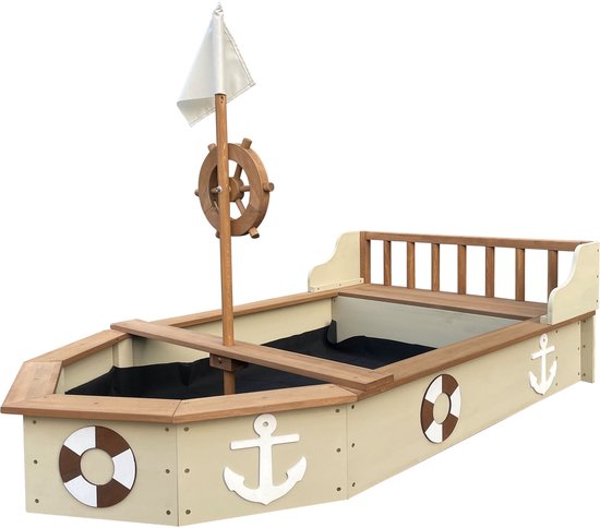 AXI Doris Boot-Sandkasten mit Aufbewahrungsbank, beige – mit Flagge und Holzsteuerrad – inklusive Abdeckplane und Bodenplane – 10 Jahre Garantie!