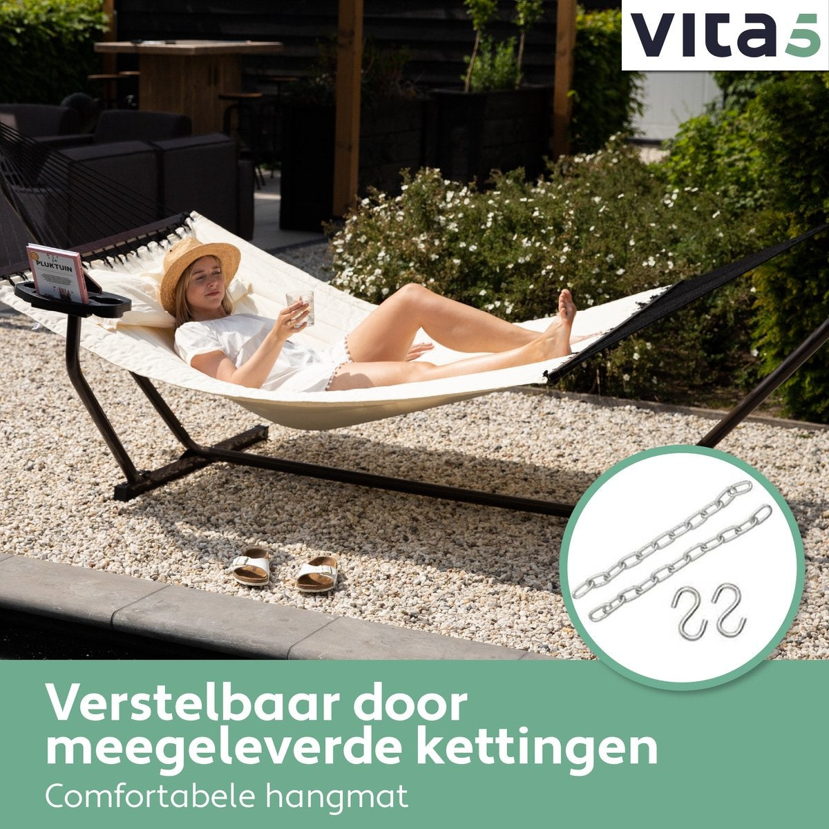 Vita5 - Hängematte - mit Ständer und Spreizstange - 2 Personen - inkl. Getränkehalter - UV-beständig - Beige