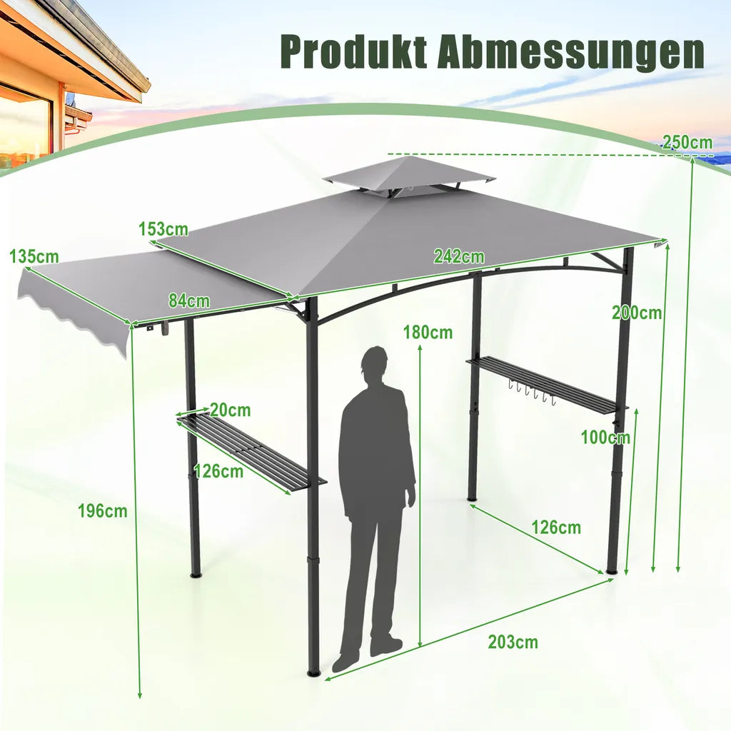 Coast wetterfester Grillpavillon 318 × 153 × 250 cm – Grillüberdachung mit Seitenmarkise, Doppeldach, Seitentischen, Haken und Flaschenöffner – Grau/Schwarz