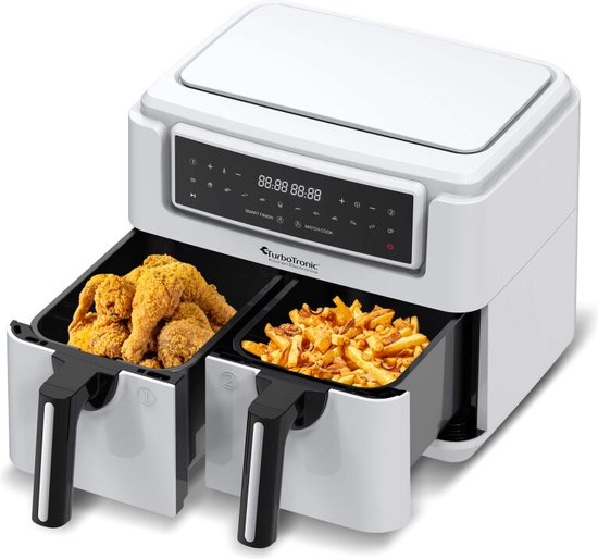 TurboTronic AF118 Double Airfryer XXL - Digitale Heißluftfritteuse - Doppelkorb - 7,6L - 2x 3,8L - 12 Programme - Touchscreen - Weiß