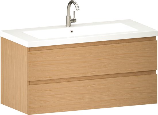 Mirlux Badezimmerschrank Hell-Eiche 100 cm – Waschbecken Weiß – Badezimmerschrank-Set – Waschbeckenunterschrank Hell-Eiche