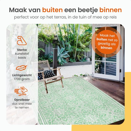 Goliving Outdoor Teppich Sommer Flora - 183x290CM - Gartenteppich - Outdoor Teppich - Teppich - Gartenteppich - Reversibel - Inkl. Tragetasche - Grün/Weiß