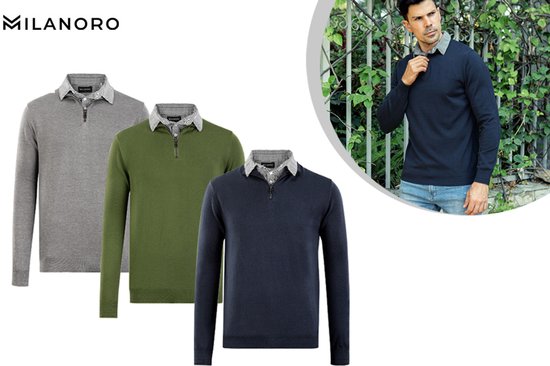 Milanoro - Herren Pullover mit Hemdkragen und halbem Reißverschluss - Navy - XXL