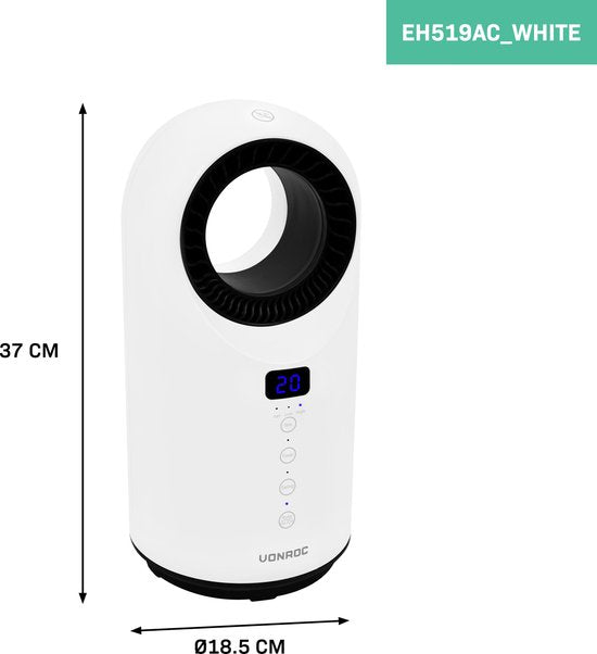 VONROC - Elektrische Heizung - Heizlüfter - 1000W/1500W - ohne Lamellen - Keramik - 3 Stufen - Inkl. Fernbedienung - Swing-Funktion - Thermostat und Timer - 15m2 - weiß