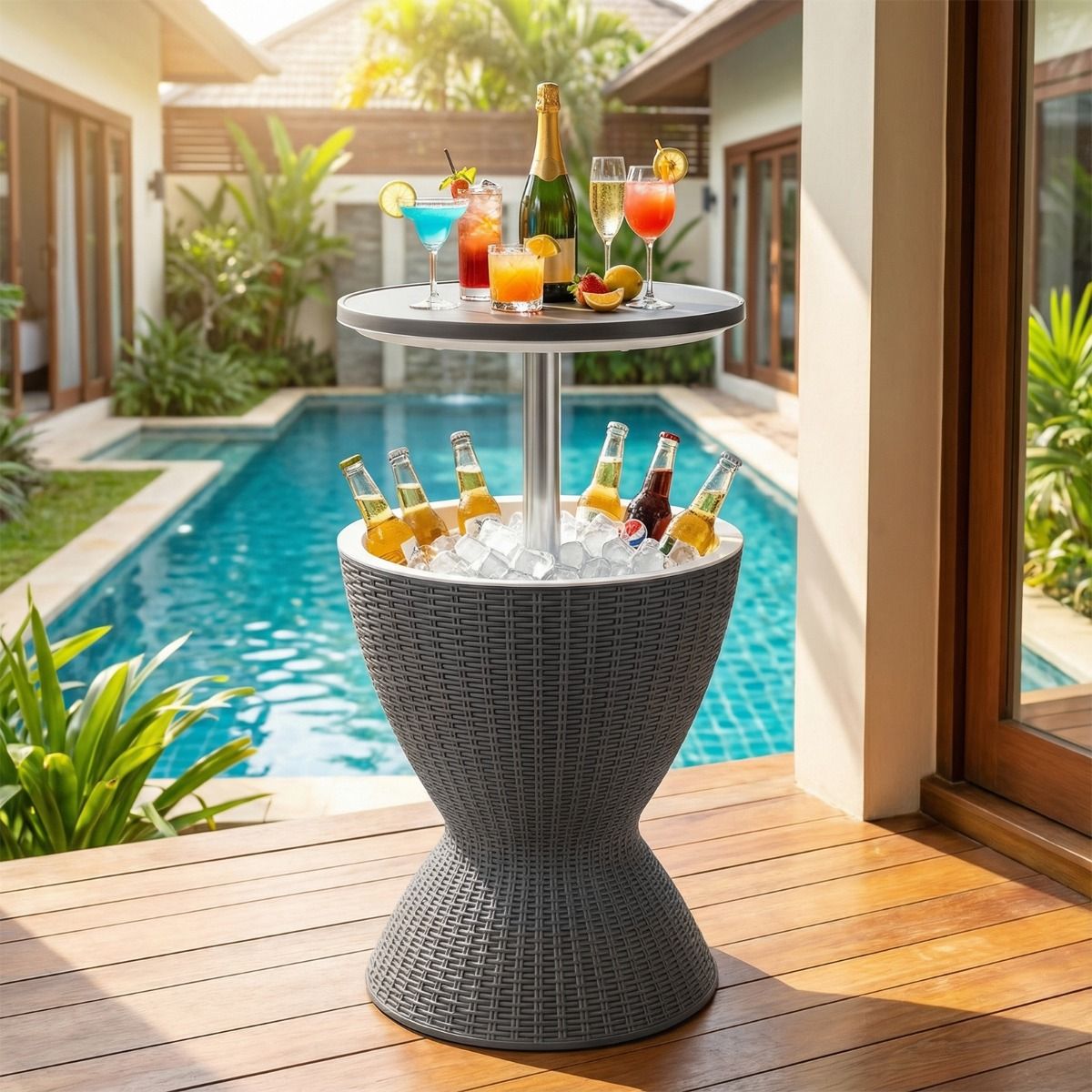 Coast Weinkühler 30 l mit ausziehbarer Tischplatte – verstellbar von 57,5 bis 82 cm – Rattan-Optik – Grau