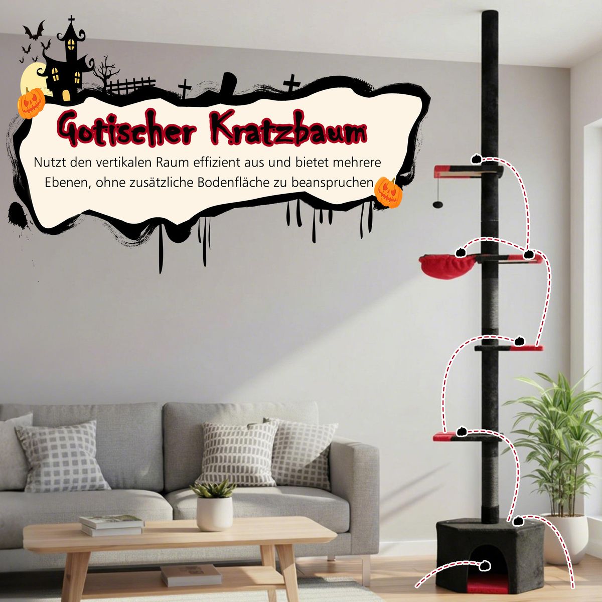 Coast Kratzbaum vom Boden bis zur Decke – 5 Etagen – höhenverstellbar – schwarz und rot