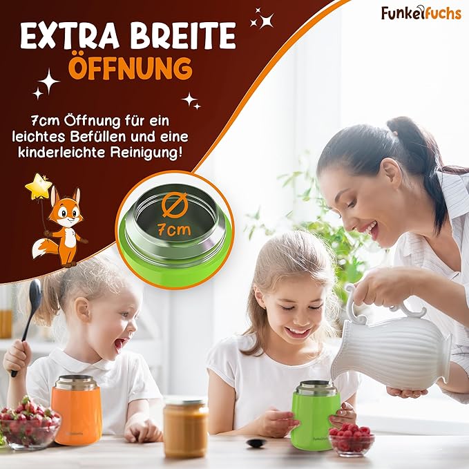 Funkelfuchs® Thermobecher für Kinderkost - 500ml, grüner Abzug - 100% auslaufsicher - Essenswärmer aus Edelstahl - Thermobecher Essen - Thermo-Lunchbox Kinder - Babykostwärmer