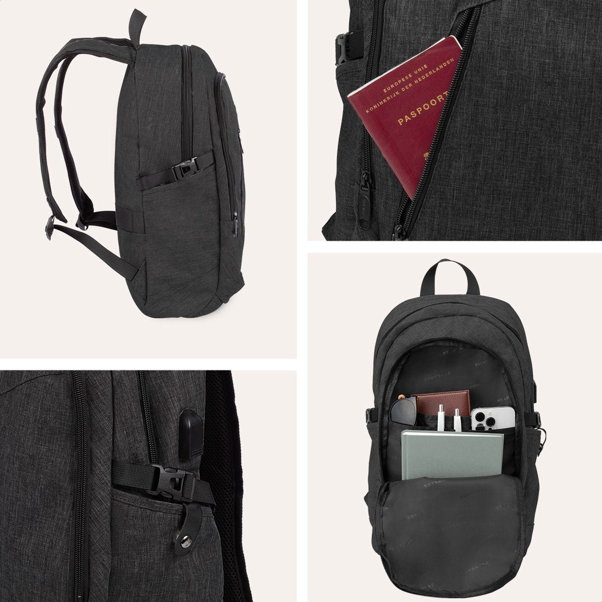 TRVLMORE Rucksack - 25L - 15.6 Zoll - Laptop-Rucksack - Schultasche - Unisex - Spritzwassergeschützt Anthrazit