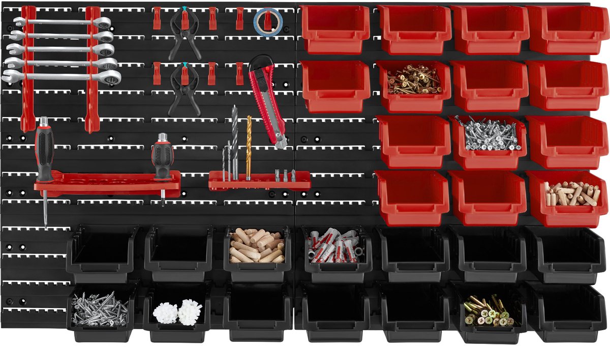 tectake Werkstatt-Werkzeugwand - 96x17x54 cm - Schwarz/Rot - 28 Aufbewahrungskästen & Wandhalterungen