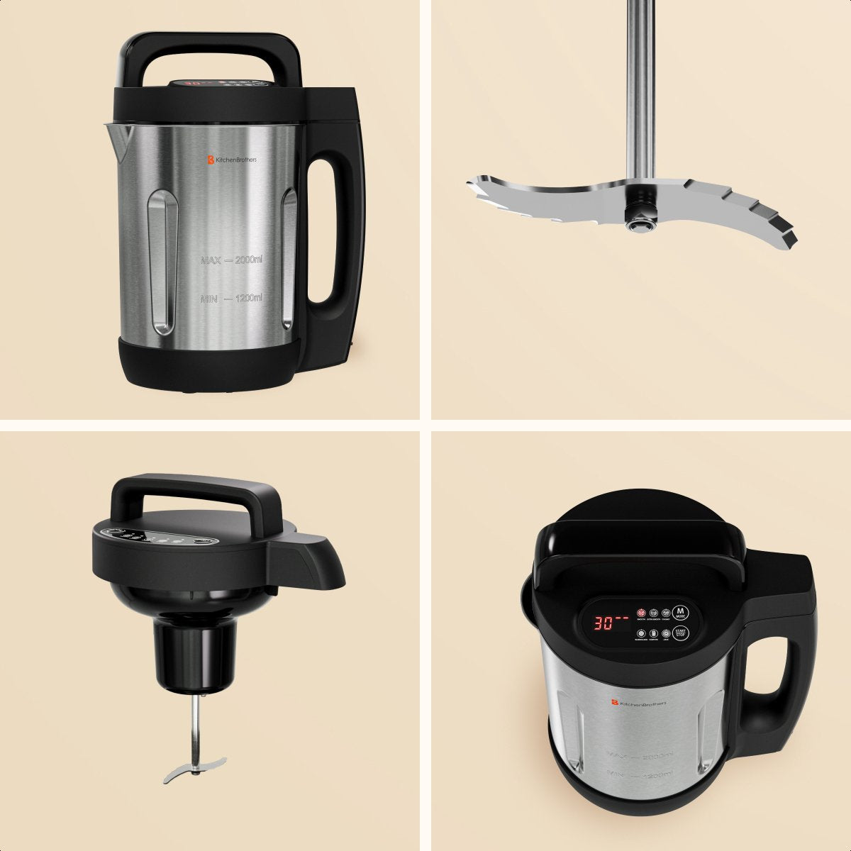 KitchenBrothers Suppenschöpfer - 2L - 5 Programme - Timeranzeige - Mixer - Edelstahl/Schwarz