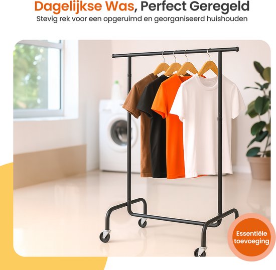 Goliving Kleiderständer auf Rädern XL - Ausziehbarer Kleiderständer 112-150 cm - 130kg Tragkraft - Stabiler Kleiderständer - Metall - Schwarz