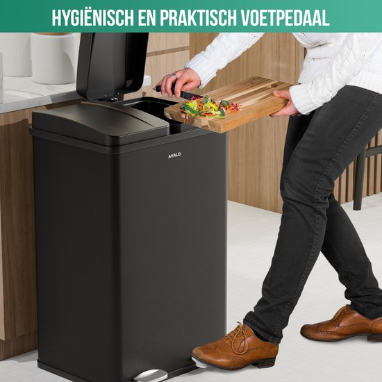 Avalo Mülleimer Abfalltrennung 60 Liter - Edelstahl Schwarz - 2 Fächer - Umweltbewusst, Hygienisch & Fingerabdruckfrei - Treteimer / Mülleimer