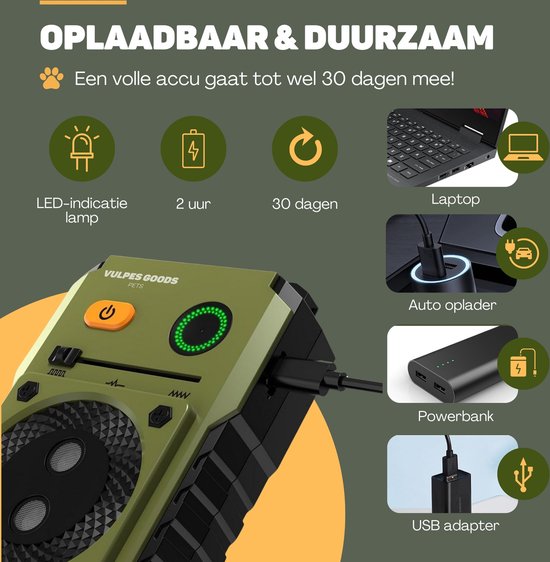 Vulpes Goods® Pets - Ultraschall-Antibellgerät PRO - Deluxe Hundetrainer - Wiederaufladbar - Automatischer Betrieb - Kein Schock - Wasserfest - Für alle Hunde - Innen & Außen - 15m Reichweite - 3 Stufen - Antibellen - Hundetrainer