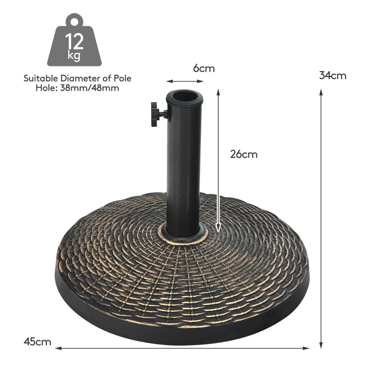 Coast Sonnenschirmständer, rund, 12 kg – Verstellknopf – 38/48 mm – 45 x 34 cm – Bronze