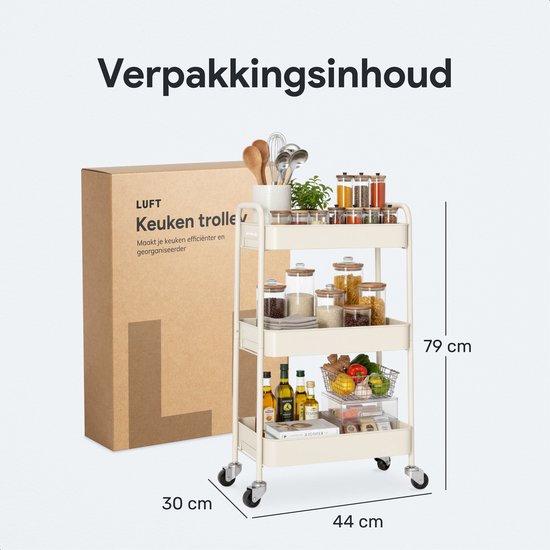 Küchenwagen auf Rädern - 3 Schichten - Küchenregal - Servierwagen - Schrank - Trolley - Aufbewahrung - Duschkabinen stehend - Regal - Beige - Luft