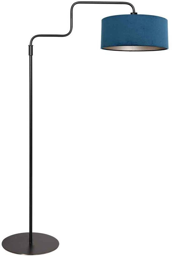 Schwarze Stehleuchte Bloeba 4169ZW von Steinhauer mit verstellbarer Höhe (150-165 cm) und ausziehbarem Schwenkarm bis 66 cm, Metallfuß mit blauem Veloursschirm Ø40cm, trendiges Design für Innenräume.