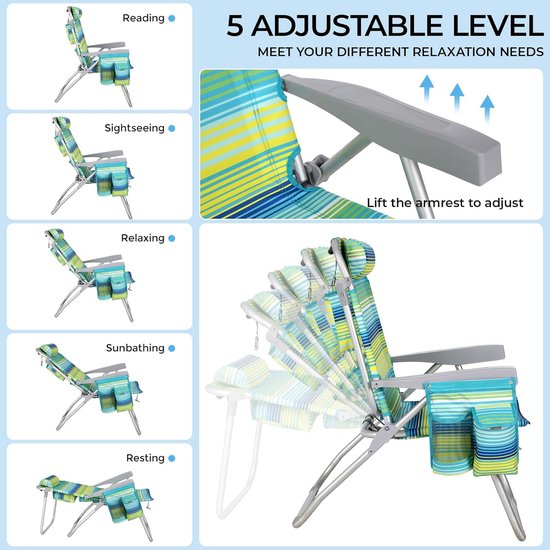 Luxuriöses Strandstuhl-Set (2er-Set) – Verstellbar (5 Positionen) – Zusammenklappbar mit Rucksackgurten, Kühltasche und Handtuchhalter – Grün/Blau gestreift