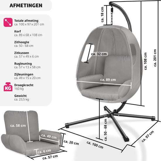tectake Hängesessel mit Gestell - Schaukelstuhl mit Kissen + Rückenkissen - Möbel für Wohn- oder Schlafzimmer - Balkonmöbel - Für drinnen oder draußen - Bis 160 kg - Hellgrau