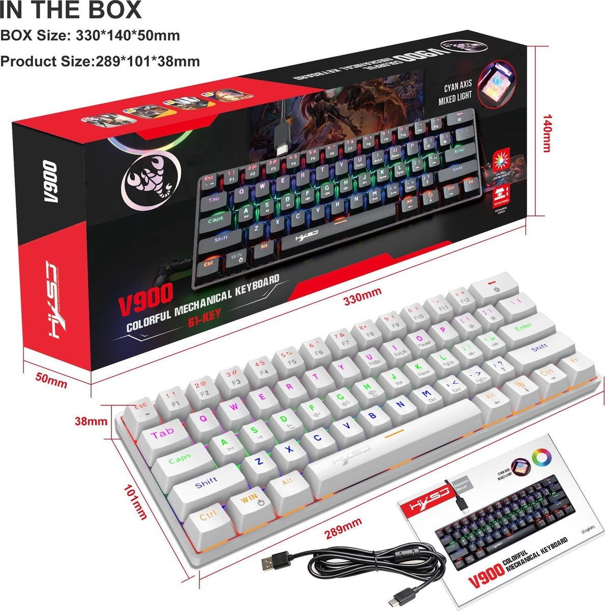 HXSJ V900 - Mechanische Gaming-Tastatur - RGB-Beleuchtung - Ergonomisch - QWERTY - 61 Tasten - blauer Schalter - Weiß